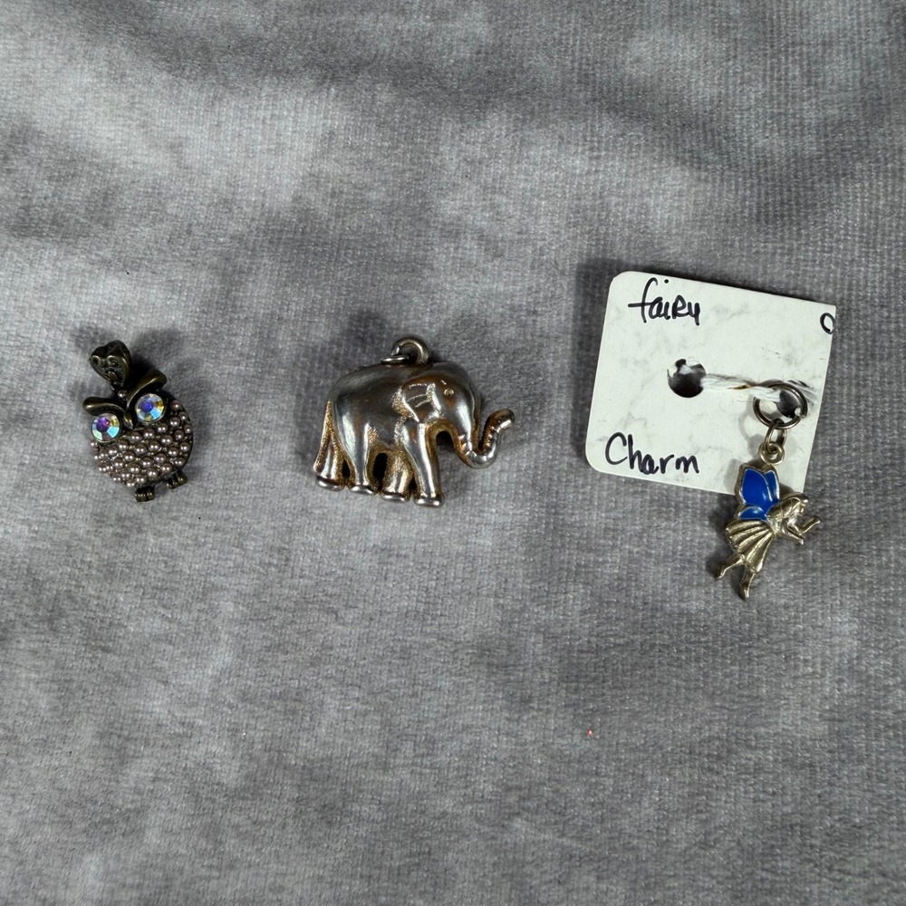 Vtg Charm Pendant Lot of 3 Owl Rhinestone, Elephant, Blue Fairy Boho Whimsygoth
